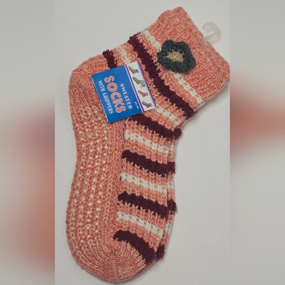 Sweater Socks with Grippers Peach Pink Burgundy Warm Booties
